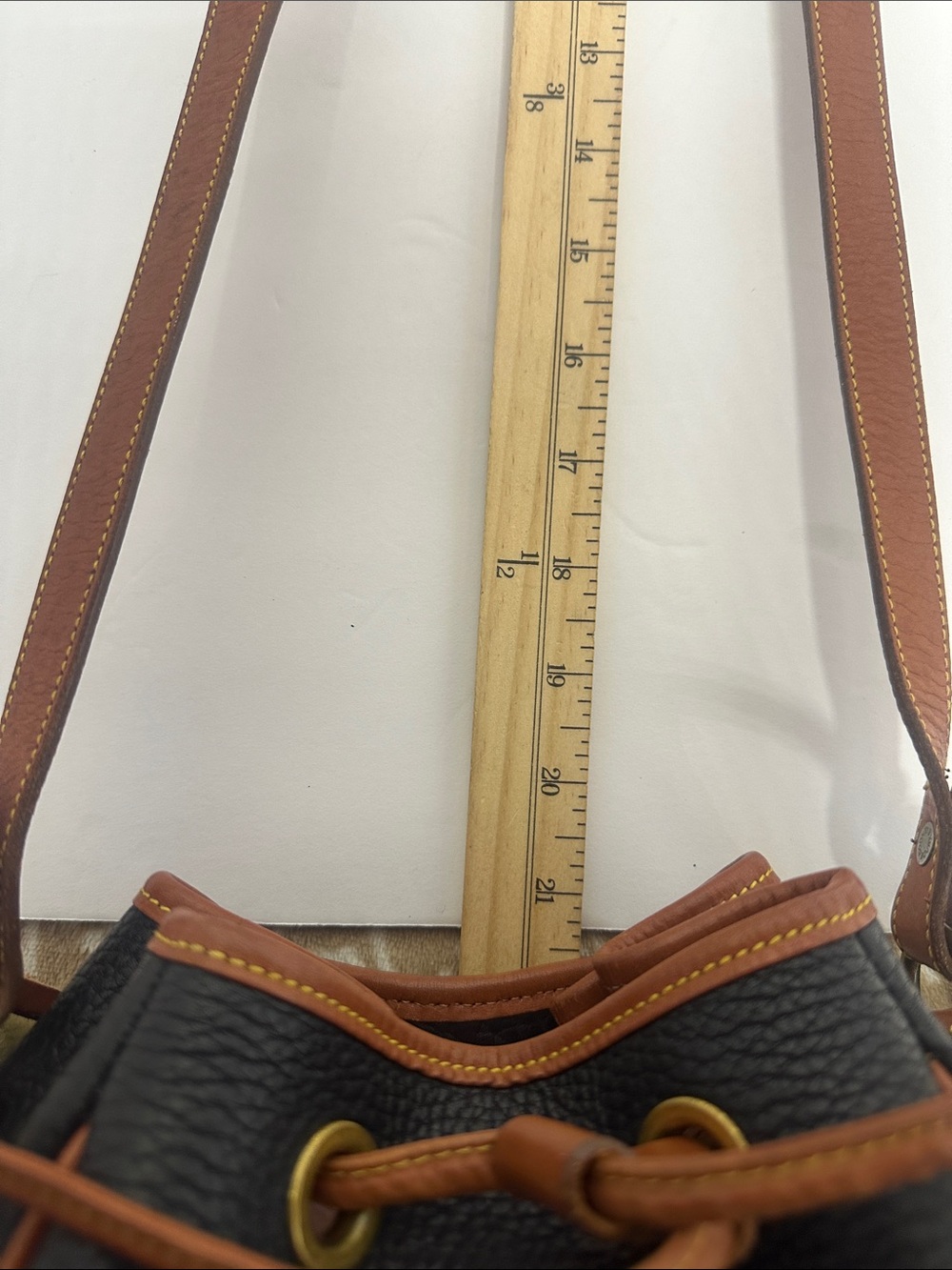Dooney & Bourke Black Pebbled Leather Drawstring Bucket Bag with Tan Trim - Picture 8 of 13